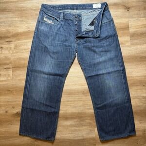 Diesel Levan Jeans Men 36x26 Blue Relaxed Straight Dark Wash Denim 8GE (Hemmed)